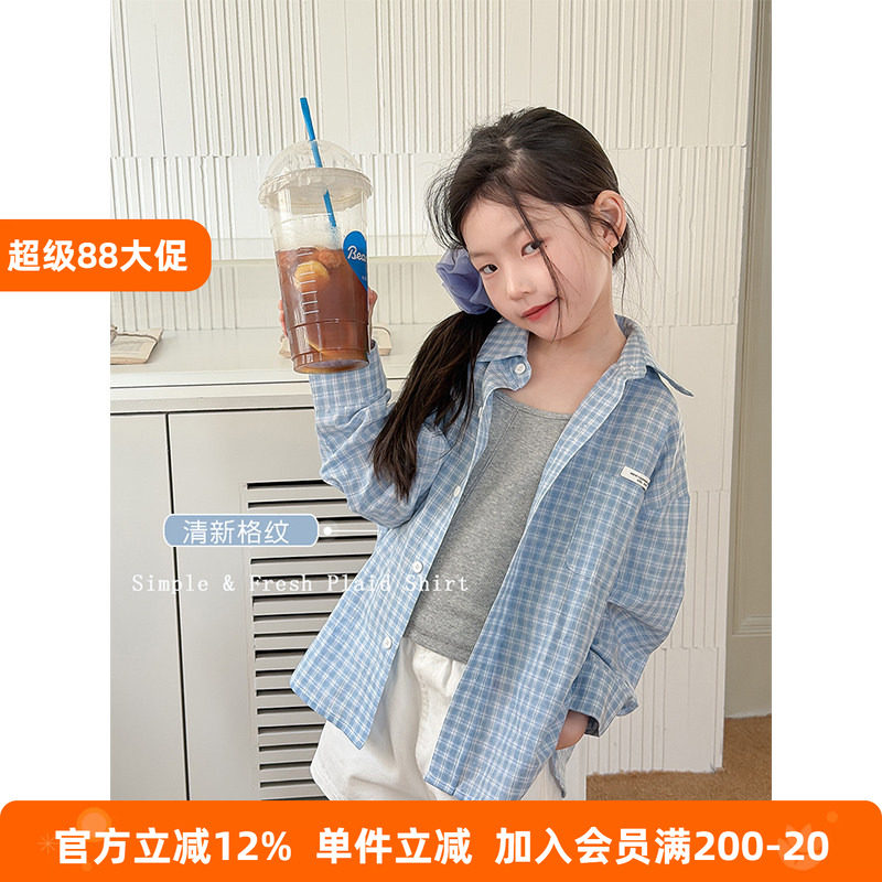 BEIFU贝芙 女童贴标格子翻领衬衫儿童休闲百搭衬衣中大童秋装上衣