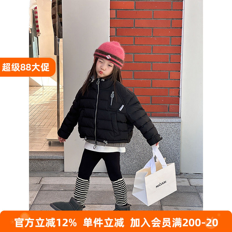 BEIFU女童冬季休闲韩版假2件短款工装立领羽绒服儿童保暖加厚外套