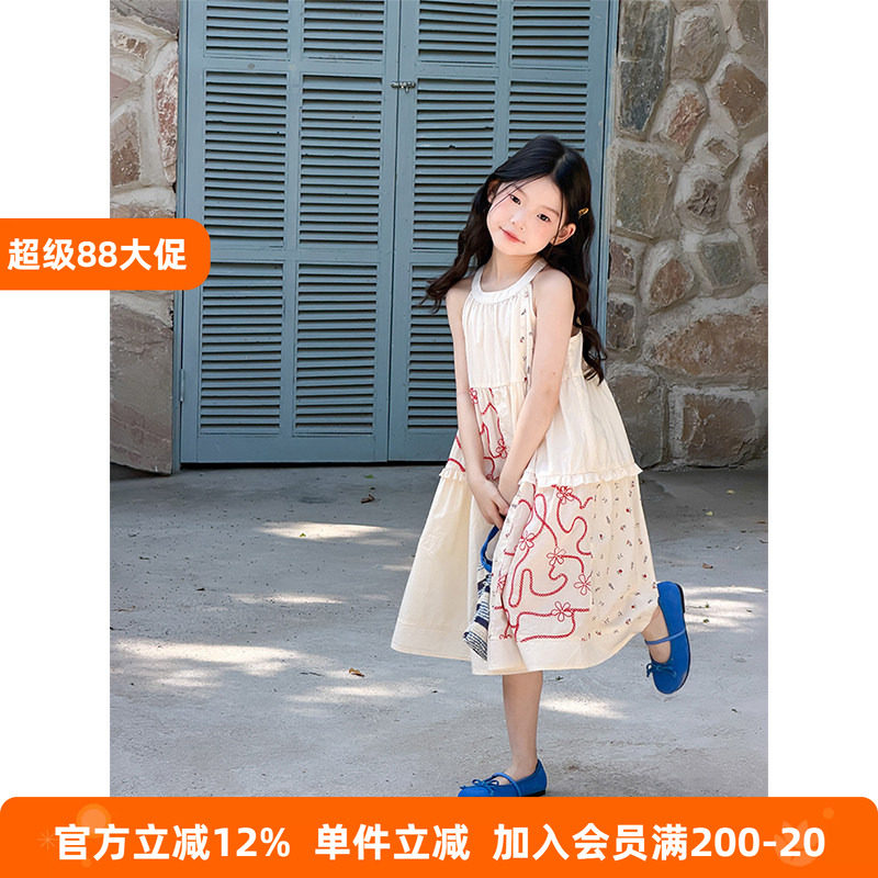 BEIFU贝芙 女童夏季度假风轻氧背心裙儿童纯棉刺绣拼接挂脖连衣裙