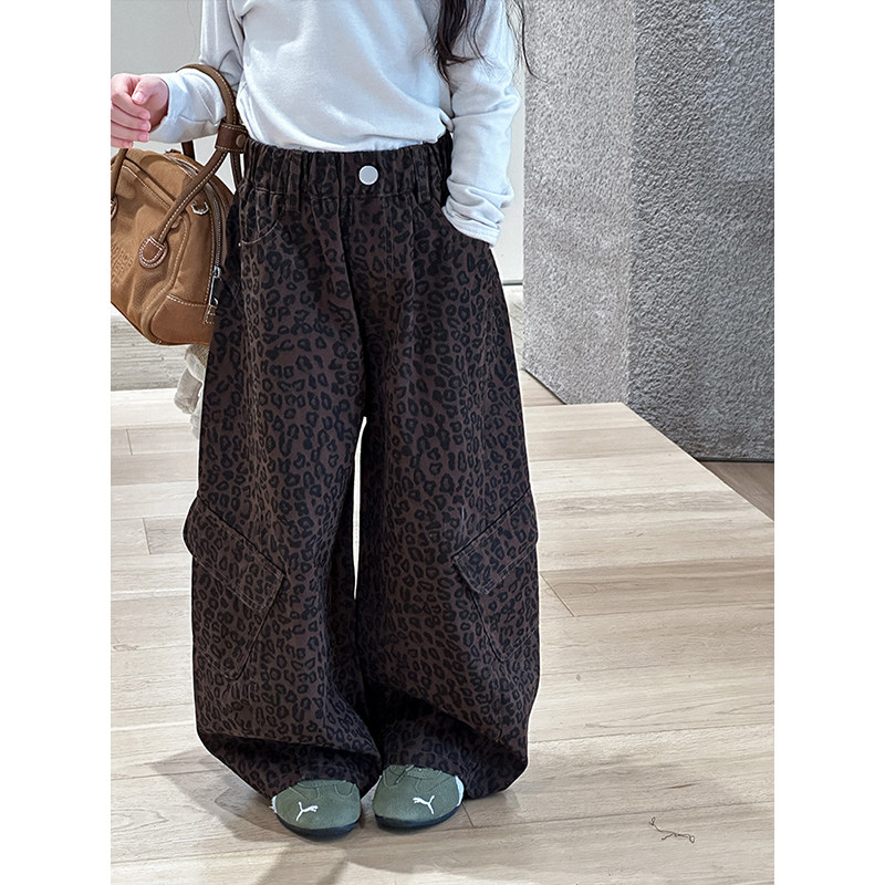BEIFU贝芙 女童春装时髦豹纹工装裤儿童春秋个性休闲直筒阔腿裤子