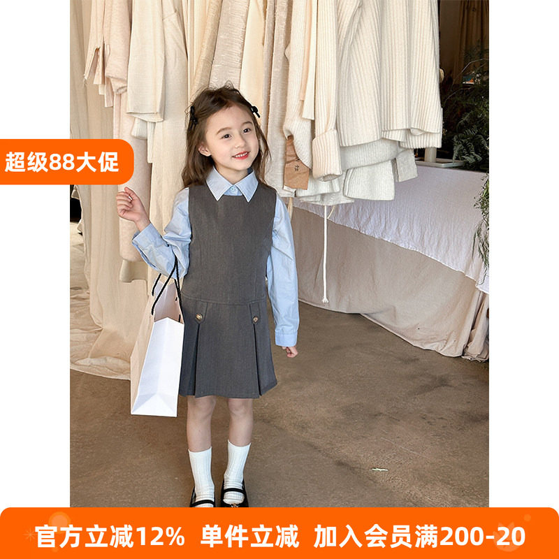 BEIFU贝芙 女童春秋装时髦学院风背心百褶裙儿童韩版百搭连衣裙子图片