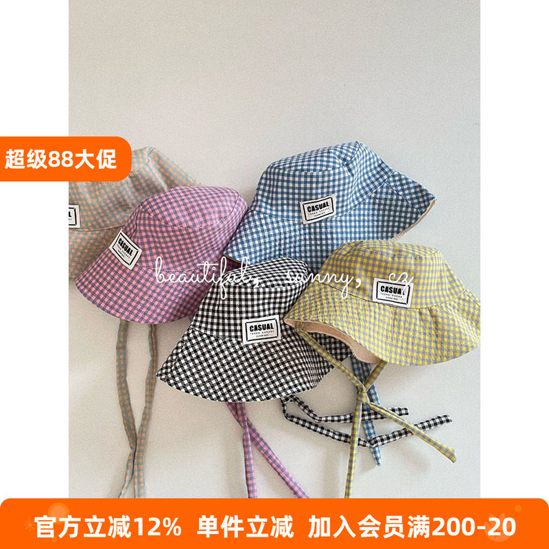 BEIFU贝芙 儿童洋气休闲户外遮阳帽子女童度假格纹沙滩盆帽渔夫帽
