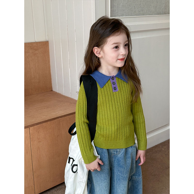 BEIFU贝芙 儿童春秋修身百搭翻领POLO针织衫女童韩版洋气撞色毛衣