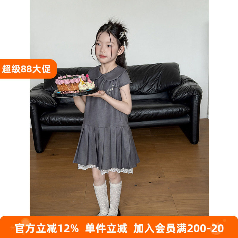 BEIFU贝芙 女童夏季时髦精致蕾丝边百褶连衣裙儿童韩系中长款裙子