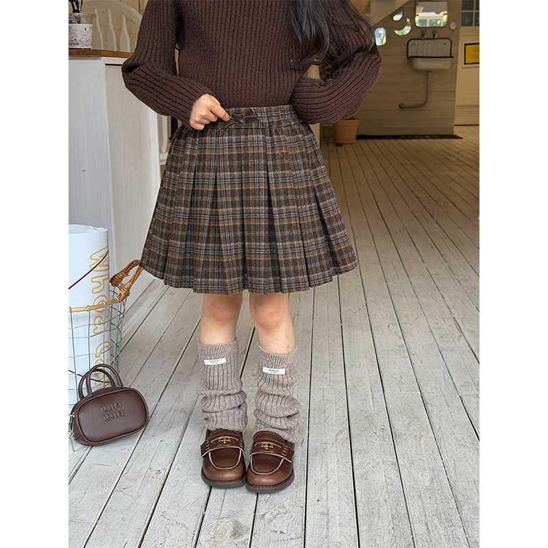 BEIFU贝芙 女童冬季学院风毛呢格子百褶裙儿童韩版加绒加厚半身裙