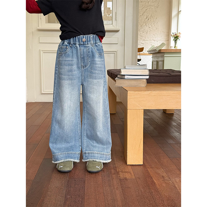 BEIFU贝芙 女童春秋装时髦磨白毛边牛仔裤儿童韩版百搭休闲直筒裤