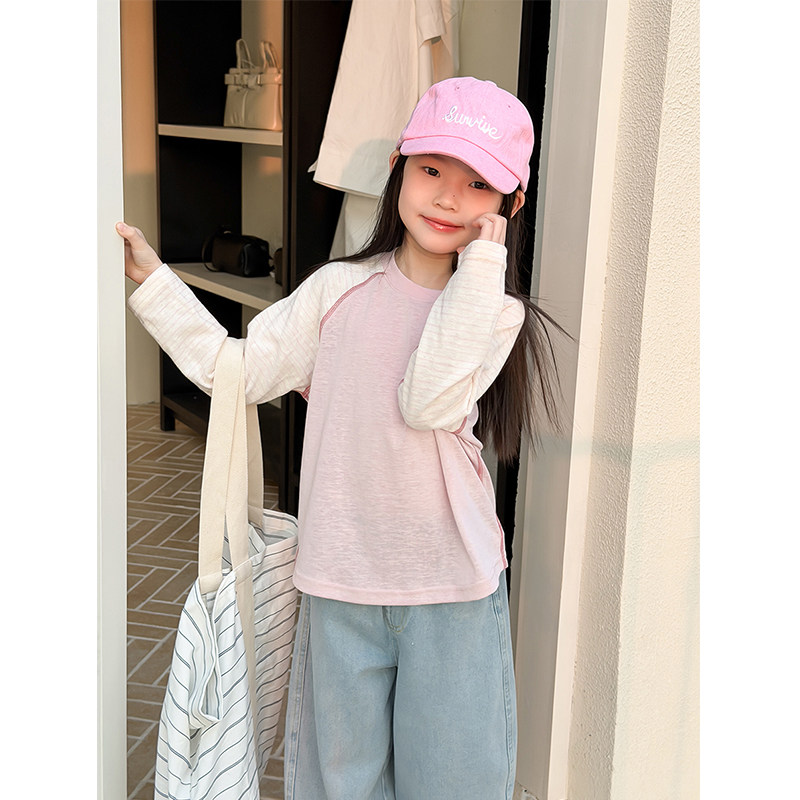 BEIFU贝芙 女童春装条纹拼接防晒衣儿童桑蚕丝凉感长袖打底衫T恤