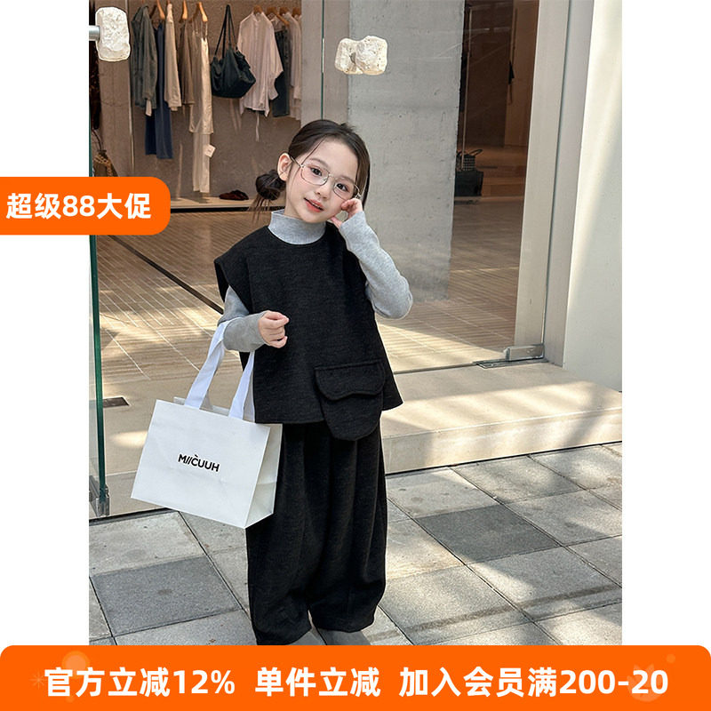 BEIFU贝芙 女童韩版百搭毛呢背心休闲裤两件套儿童秋冬洋气两件套