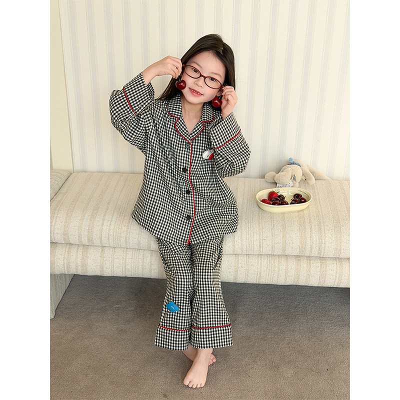 BEIFU贝芙女童春夏装纯棉格子睡衣套装儿童撞色家居服空调两件套