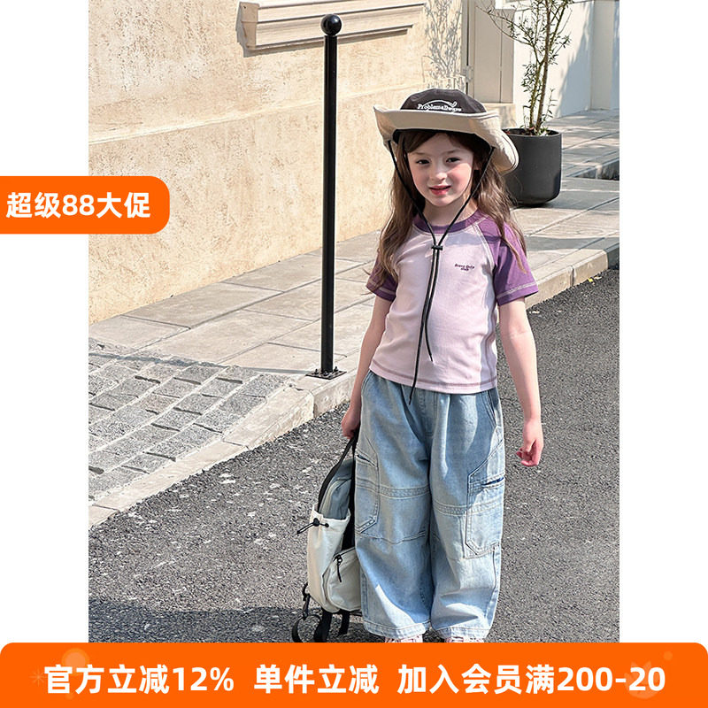 BEIFU贝芙 儿童春夏字母撞色短袖T恤女童韩版时髦百搭弹力打底衫