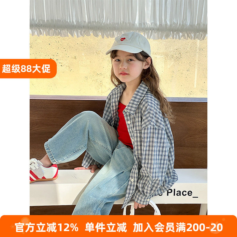 BEIFU贝芙 儿童春秋中性风休闲格子衬衫女童韩版宽松百搭薄款外套
