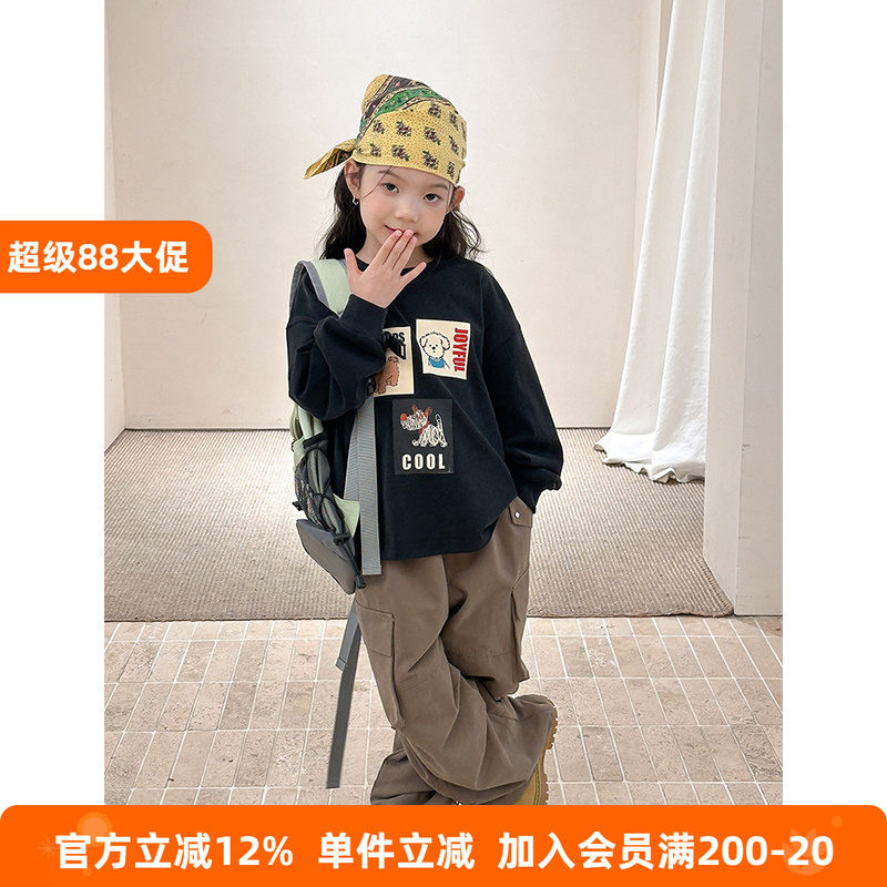 BEIFU贝芙 儿童秋装小狗印花卫衣男女童黑色潮酷卡通圆领长袖上衣