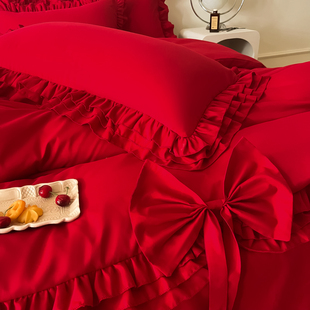 韩版 四件套碳素磨毛多层花边双人被套 蝴蝶结婚庆大红色牀单牀笠款
