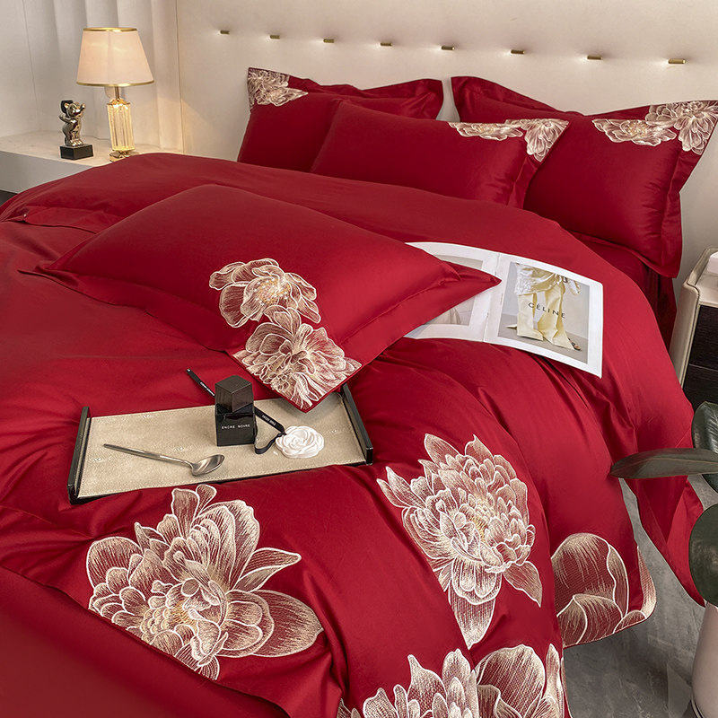 120支长绒棉全棉结婚房喜庆四件套红色纯棉刺绣出嫁被套床单床品4