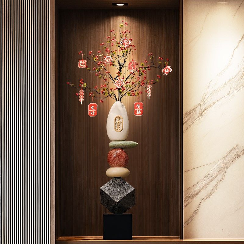 入户门玄关时来运转石头花瓶摆件家居饰品客厅电视柜细长高工艺品