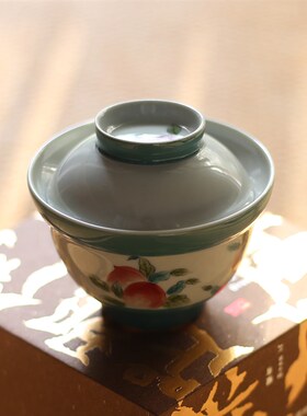 无落新品元宝盖碗釉下彩手绘寿桃茶碗两才文人器泡茶盏功夫茶具瓷