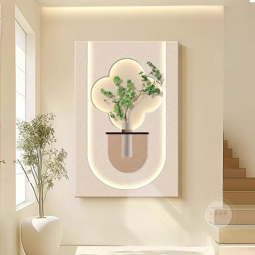 2024奶油风客厅装饰画水培绿植发光高级感砂岩高档玄关沙发后挂画