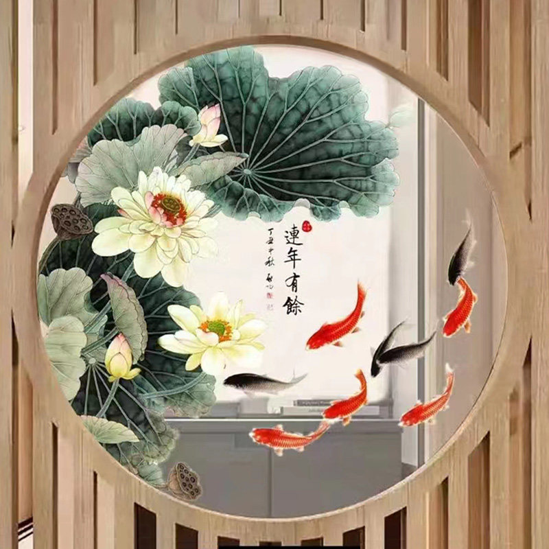 精美苏绣双面刺绣半透明纱布画心屏风玄关重工荷花连年有余促销款