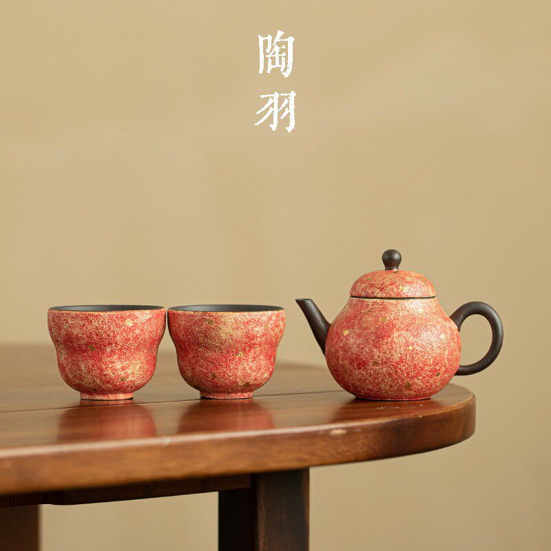 岩矿彩陶梨壶家用陶瓷泡茶壶一壶两杯功夫茶具套装茶壶茶杯茶盏