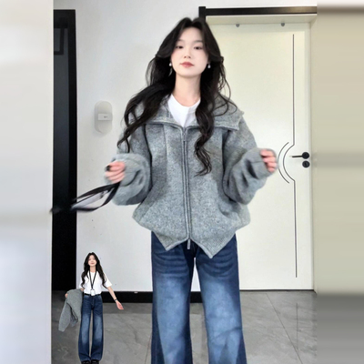 灰色复古连帽毛衣外套女秋冬2025新款小个子慵懒风高级感针织开衫