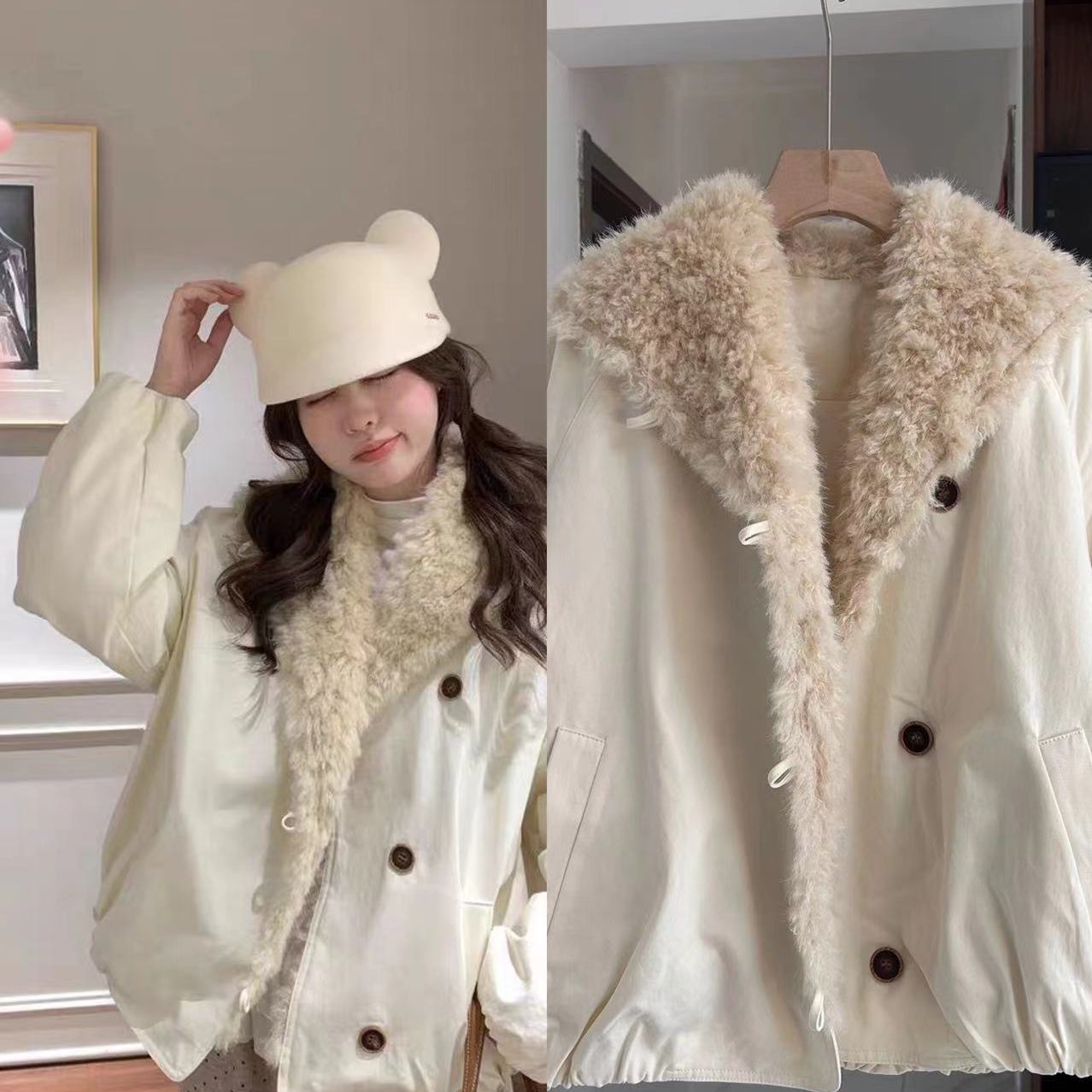 PtonUmi暮冬明信片 费尔岛连帽羊羔毛外套女冬季超好看摇粒绒棉服