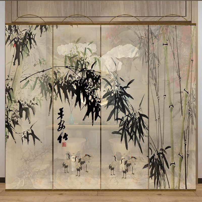 半透明花鸟水墨竹双面透景屏风纱中式卷帘隔断帘挂帘窗帘透光纱帘