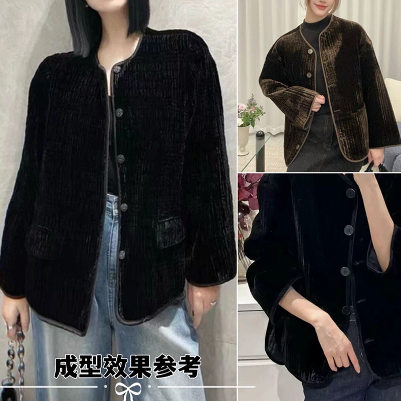 冬季黑色金服绒夹棉汉丝暖棉夹层条纹绗缝保丝布料棉袄外套面料