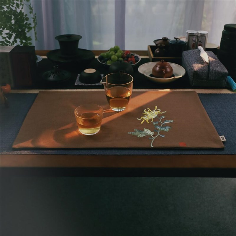 长寿菊刺绣茶垫水式棉麻茶席布艺礼洗复古茶布中品干泡茶道