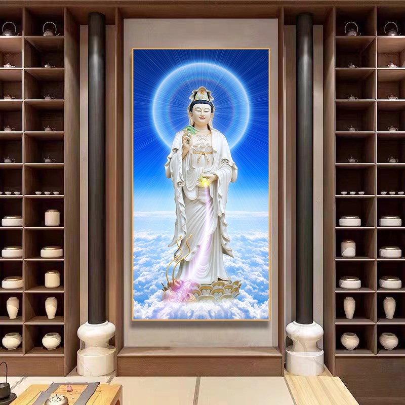 观世音菩萨画像供奉结缘送子南海观音装饰画站像挂画玄关卧室壁画