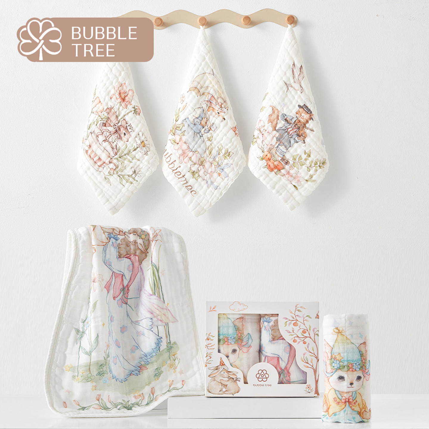 bubbletree婴儿小方巾纯棉纱布口水巾新生宝宝洗澡毛巾儿童洗脸巾 - 实物图