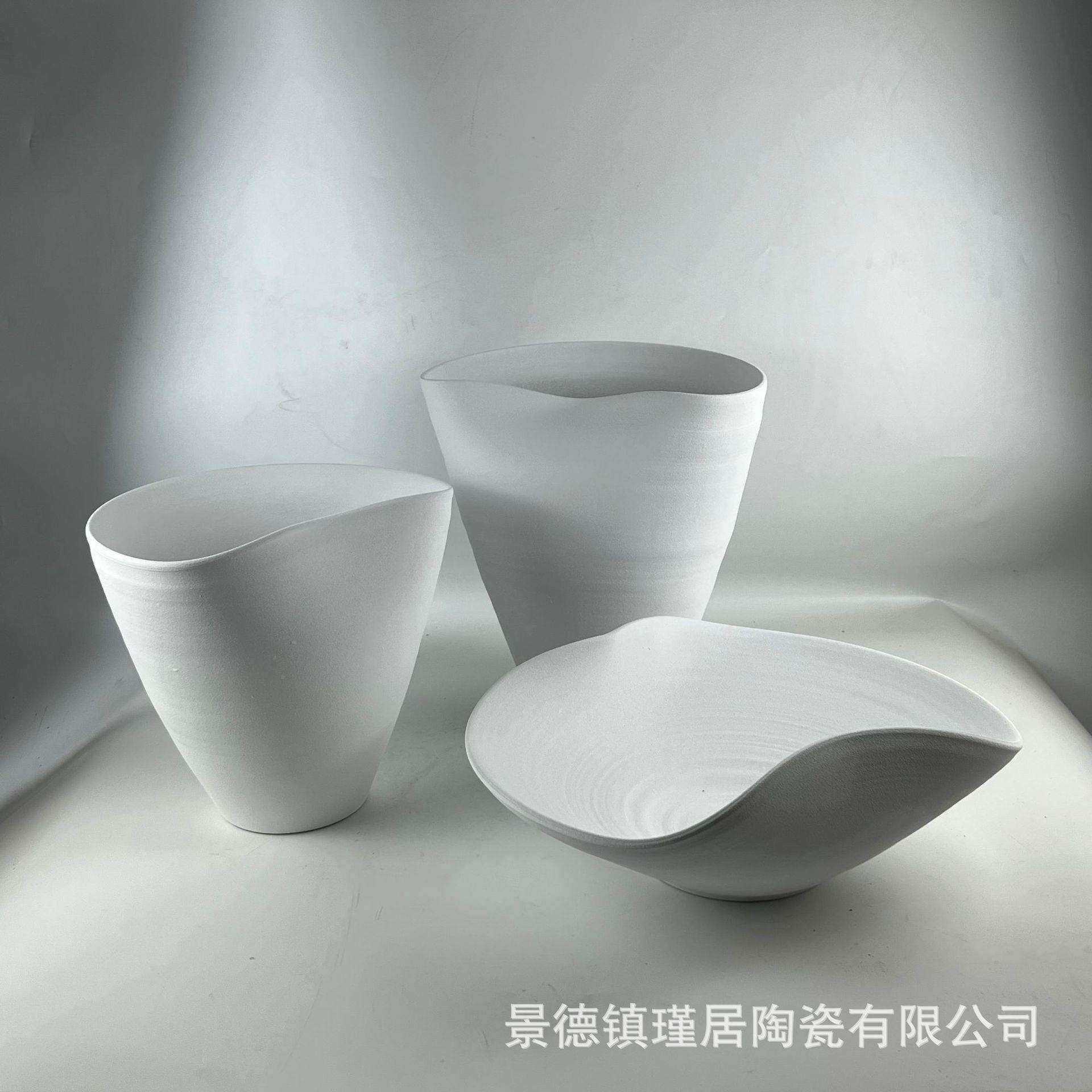 新中式手工拉柸三件套异形花瓶、果盘、现代简约家居软装创意摆件