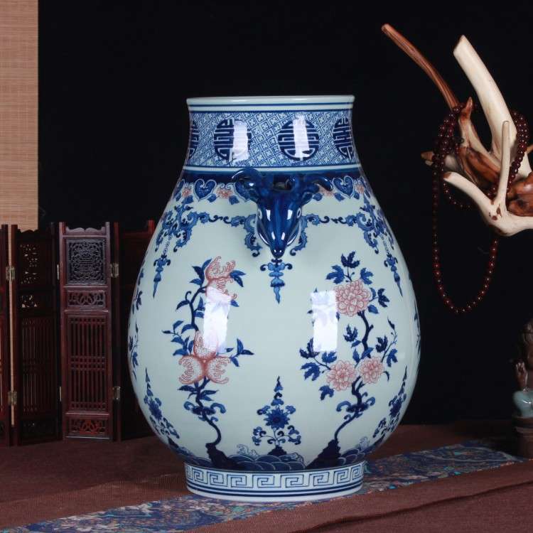 景德镇工艺品摆件中式仿古瓷器 家居摆设古典手绘青花瓷福筒鹿尊