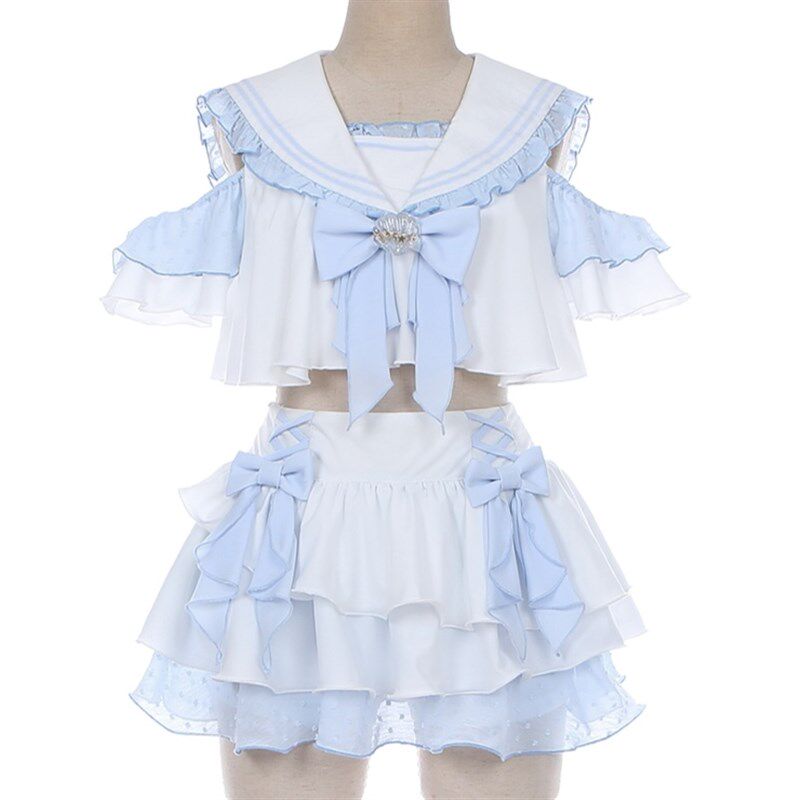 Dawn可爱分体泳衣海月少女荷叶边纯欲海军风保守学生泳衣软萌