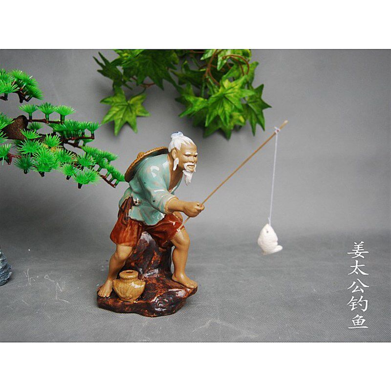 中式园艺茶宠姜太公钓鱼陶瓷人物摆件渔夫钓鱼园林鱼缸造景装饰品