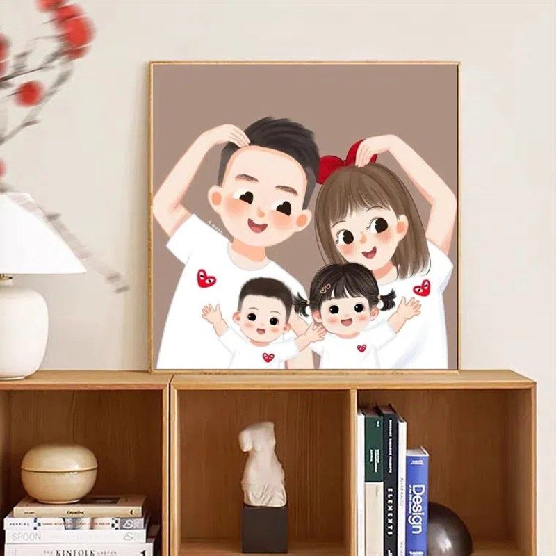 幸福一家人卡通DIY数字油画手绘填色 一家三口四口客厅卧室玄关画