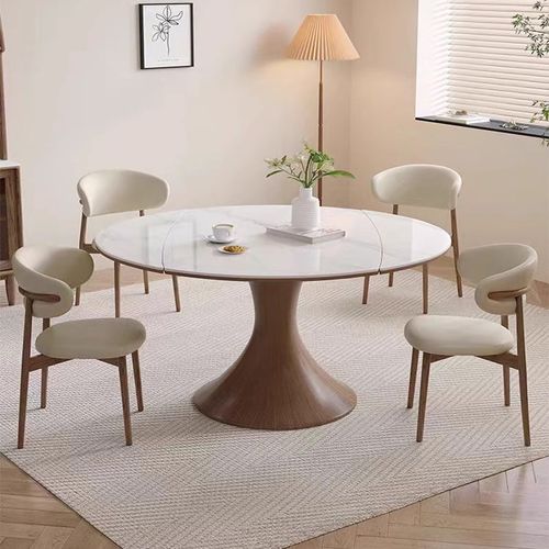 简约实木岩板餐桌椅组合家用可伸缩白蜡木圆桌小户型方圆两用桌子