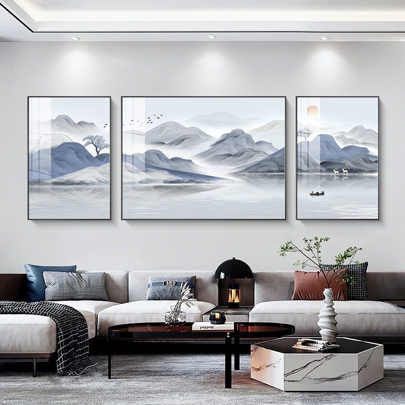 客厅山水大气高端装饰画三联画沙发后背景墙挂画家庭电视墙上壁画