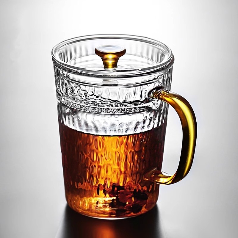 大容量锤纹高硼硅玻璃单层杯 办公室带月牙过滤网茶水分离泡茶杯