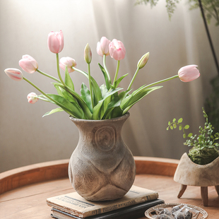 原木风圆肚花瓶手工泡桐木实木侘寂风摆件民宿装饰品复古木制摆设