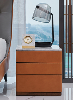 JNLEZI 意式极简大理石床头柜橙色马鞍皮Fidelio胡桃木实木床边柜