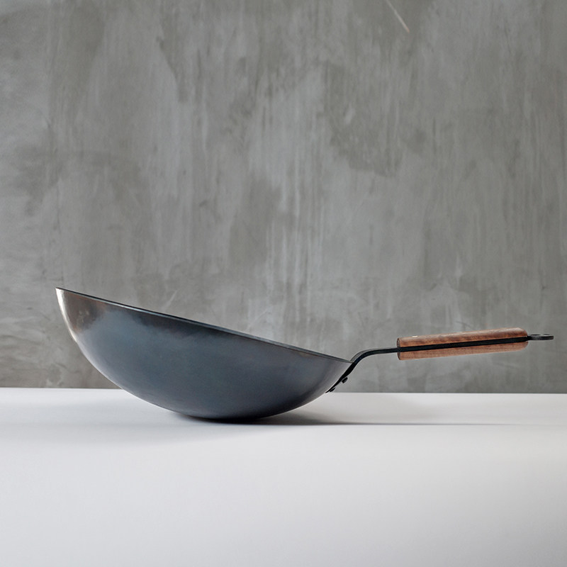 触造 圆底炒锅手工锻打胡桃木柄熟铁无涂层不粘中式燃气灶赠锅铲