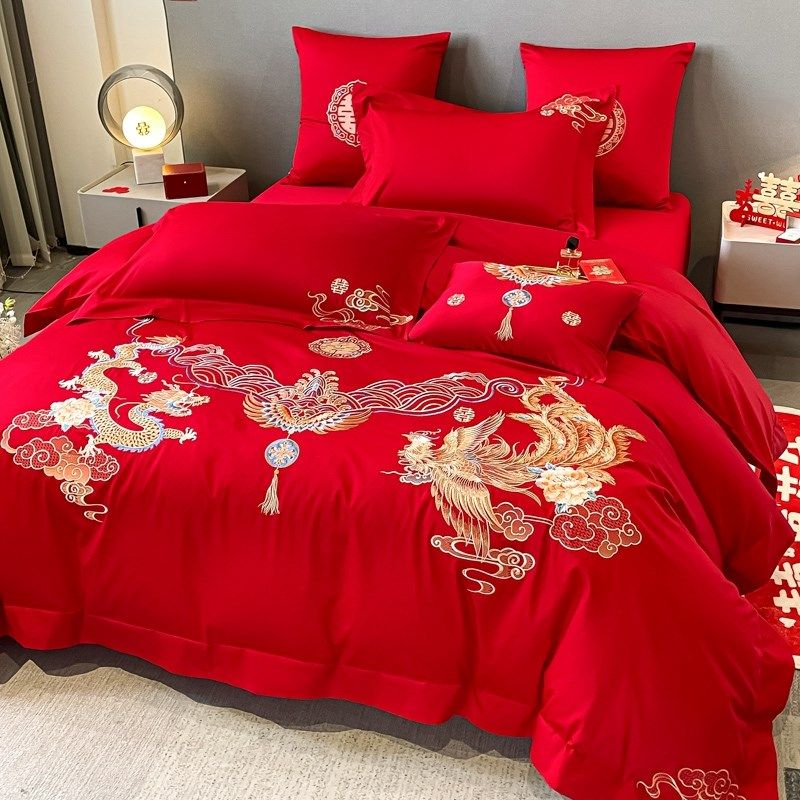 新中式高档龙凤刺绣全棉四件套大红色喜被罩纯棉单件结婚被套床单