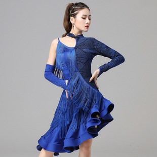 拉丁舞女成年流苏拼接连衣裙鱼骨长袖比赛服高端夏秋练功服