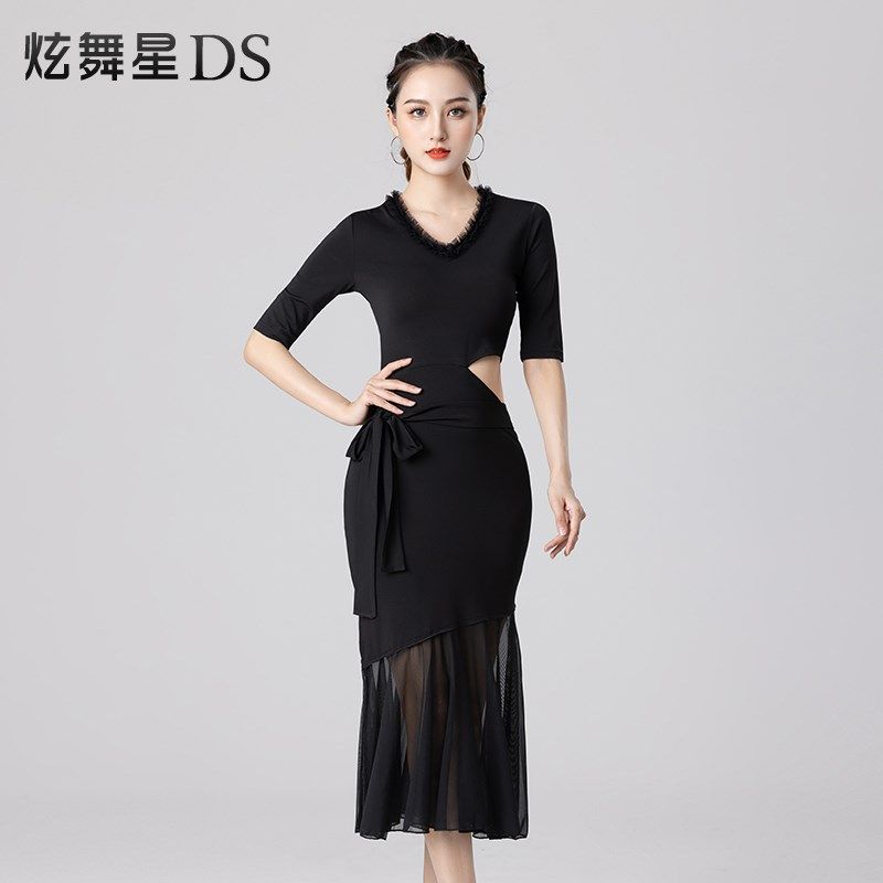 拉丁舞服高级感艺考服性感跳舞练功服专业比赛服性感网纱连衣裙