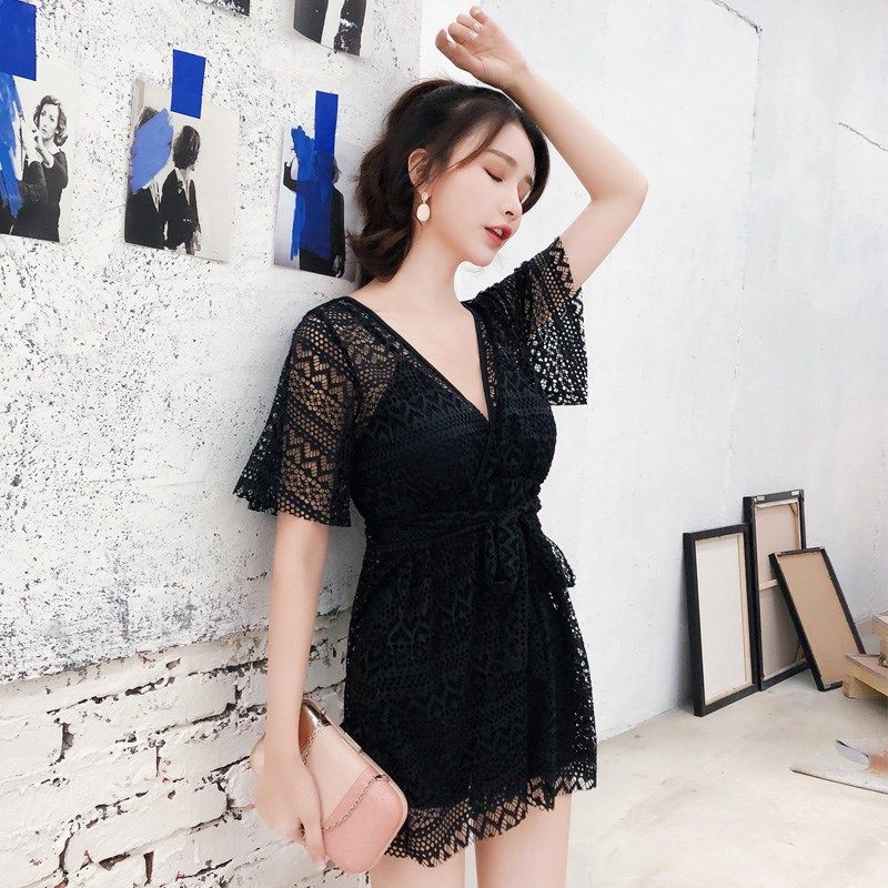 泳衣女遮肚显瘦连体蕾丝泡温泉款遮肉大码保守2019新款泡澡服