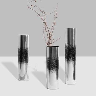 轻奢盆景金属圆柱不锈钢喷墨花器餐厅样板房售楼处艺术花瓶摆件