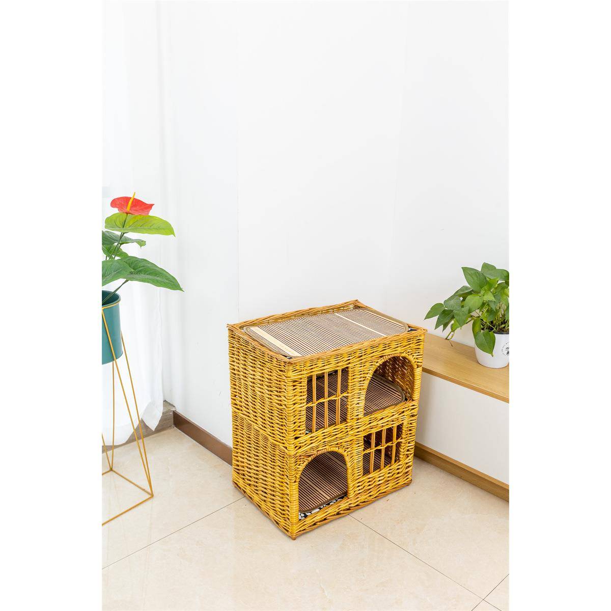 四季通用柳编猫窝藤编猫床柳编双层别墅式宠物窝猫房子可拆洗猫舍