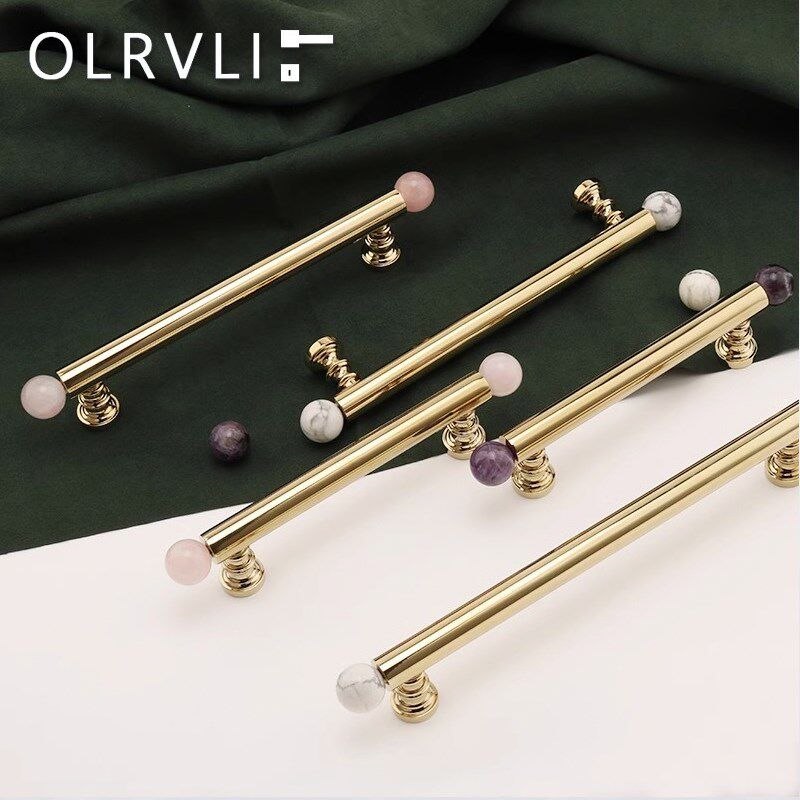 olrvli法式拉手黄铜金色粉色紫色水晶复古抽屉橱柜衣柜加长把手