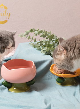大胖商店 Camily猫碗宠物花朵陶瓷高脚饭碗水碗保护颈椎防打翻碗