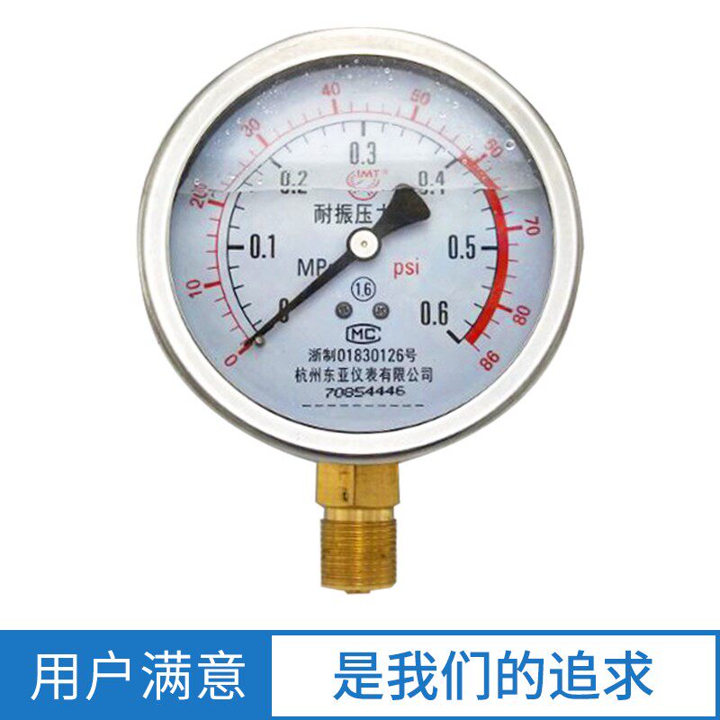 杭州东亚YN100精准压力表0-1.6MAP全规格径向螺纹抗震水油气压表